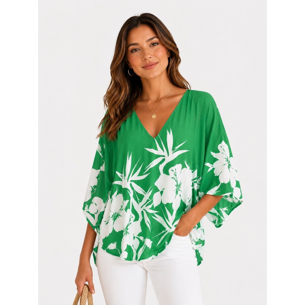 White House Black Market Green Floral Kimono Sleeve V-Neck Blouse Small